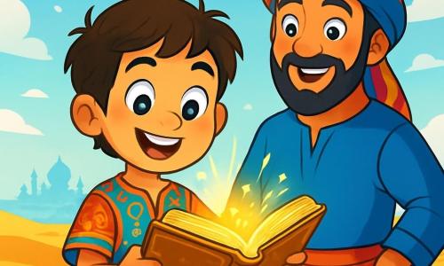 Rami, un giovane con capelli castani e occhi pieni di curiosità, è in piedi su una duna dorata, con il viso illuminato da un ampio sorriso di meraviglia. Indossa una tunica colorata decorata con motivi arabi e tiene in mano un antico manoscritto dalle pagine dorate che brillano al sole. Accanto a lui c'è il Capitano Samir, un uomo di mezza età con barba nera e occhi brillanti, che osserva la scena con uno sguardo benevolo. Indossa una tunica blu e un foulard colorato, pronto a sostenere Rami nella sua avventura. Il paesaggio è costituito da ampie dune di sabbia dorata sotto un cielo blu punteggiato di nuvole bianche. In lontananza, un miraggio scintillante evoca una città di cristallo, creando un'atmosfera magica e misteriosa. La scena principale mostra Rami e Samir che scoprono un antico manoscritto, con riflessi di luce dorata che emanano dalle pagine, mentre un leggero vento solleva dolcemente la sabbia intorno a loro, aggiungendo un tocco di mistero alla loro ricerca.