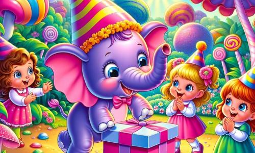 Three little girls, Mia, Lily, and Zoe, are gathered in a colorful garden. Mia, a 7-year-old with curly brown hair and a pink dress, jumps for joy near a big shiny box. Lily, a 6-year-old with blonde hair and a blue dress, dances around the box with a big smile. Zoe, a 7-year-old with red hair and a green dress, claps her hands while watching the elephants. Next to them, three funny elephants wear colorful party hats: the first elephant, named Bubbles, is pink with big round eyes and winks. The second elephant, Wiggly, is purple and makes faces while shaking its big ears. The third, smaller elephant is blue and smiles joyfully. The place is a magical garden filled with giant flowers in bright colors, candy hanging from trees, and a chocolate river sparkling in the sun. The main scene shows the girls and elephants jumping in puddles of green jelly, splashing with laughter and joy, while jelly bubbles float around them, creating a playful and absurd atmosphere.