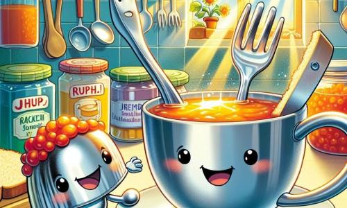 Ein kleines Löffelchen, ein glänzender Metalllöffel mit einem lächelnden Gesicht und funkelnden Augen, steht stolz auf dem Rand einer großen Teetasse, die Arme wie ein Held ausgebreitet. Neben ihm klettert Gabelin, eine Edelstahlgabel mit vier funkelnden Zinken und einem entschlossenen Gesichtsausdruck, am Rand der Tasse hoch, bereit, ihm bei seinem Abenteuer zu helfen. Hinter ihnen beobachtet ein kleines Brotrindchen, ein Brötchen mit einem Marmeladenhut, sie mit einem fröhlichen Lächeln vom Küchentresen aus. Die Küche ist hell und bunt, mit Sonnenstrahlen, die durch ein Fenster scheinen und Gläser mit Marmelade sowie durcheinanderliegendes Küchenzubehör beleuchten. Die Hauptsituation zeigt Löffelchen und Gabelin auf einer Mission, um einen geheimnisvollen Krümel zu fangen, der fröhlich über den Tresen rollt, während sie lachen und sich gegenseitig in ihrem lustigen Abenteuer anfeuern.
