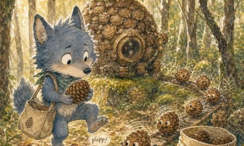 Milo, kleiner anthropomorpher Wolf, konzentriert und leicht perplex, blau-graues weiches Fell, große runde Augen, trägt ein kleines beiges Segeltuchtäschchen, hält zart einen Zapfen, der plopp gemacht hat, und hebt eine Pfote zu einem präzisen Schritt; der personifizierte Zapfen-König, klein und schelmisch lächelnd, thront auf einer runden Maschine aus zusammengestellten Zapfen hinter Milo; mehrere kleine lebhafte runde Zapfen bilden eine klickende Maschine und rollen fröhlich zum Täschchen rechts; der Ort ist ein dichter Hain mit grüner Moosdecke, braunem Laub, engen dünnen Stämmen, warmen Lichtflecken und hunderten verstreuten körnigen Zapfen; die Szene zeigt Milo, der keinen großen theatralischen Schritt macht, sondern geordnet voranschreitet, während die Zapfenmaschine sich zusammensetzt und Zapfen in sein Täschchen schüttet, skurrile, sanfte Atmosphäre mit dezentem Bewegungsspiel.