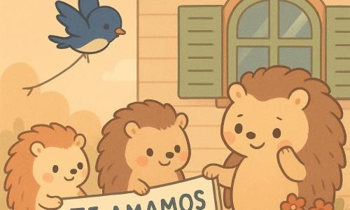 Un pequeño erizo antropomórfico llamado Pomelo, tímido y sonrojado, de pelaje beige claro con puntas color melocotón y ojos redondos brillantes, sostiene y despliega hacia una ventana una pancarta azul y blanca que dice te queremos; la madre eriza, más grande, de pelaje marrón suave, con expresión emocionada y luminosa, riega plantas junto a la ventana y se seca una lágrima de alegría; Lía, la pequeña golondrina de plumaje azul noche y vientre crema, vuela por encima y sujeta un extremo de la pancarta a una rama baja; Benito, un erizo mayor con el lomo salpicado de gris y mirada benevolente, sujeta el centro de la pancarta junto a Pomelo; escena frente a una casita de madera con contraventanas verdes, jardín con macetas y geranios rojos y guirnaldas, al crepúsculo con luz cálida y largas sombras; situación principal: momento tierno y centrado en que Pomelo, rodeado de amigos, ofrece la pancarta a su madre, con colores pastel y ambiente íntimo y acogedor.