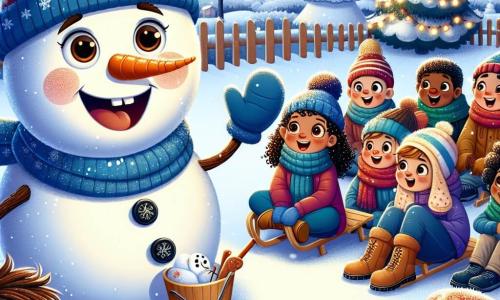 Een vrolijke sneeuwman genaamd Pop, met steenkoologen, een brede glimlach en een wortel als neus, staat in het midden van de scène, straalt van blijdschap terwijl hij verhalen vertelt aan de kinderen. Rondom hem luistert een groep kinderen met opgewonden gezichten, gekleed in kleurrijke sjaals en wollen mutsen, aandachtig. Een meisje met krullend haar en roze wangen steekt enthousiast haar hand op, terwijl een jongen met ronde brillen, zittend op een slee, verwonderd glimlacht. De scène speelt zich af op een besneeuwd schoolplein, waar sneeuwvlokken zachtjes uit de heldere blauwe lucht vallen. Achtergrond zijn kerstbomen versierd met glinsterende slingers te zien, en voetsporen in de sneeuw leiden naar een klein groepje kabouters die verstoppertje spelen. Pop deelt met zijn warme stem verhalen over de wonderen van de winter, terwijl de kinderen, geboeid, comfortabel op met sneeuw bedekte houten banken zitten, klaar om zich onder te dompelen in de magische wereld van de winter.