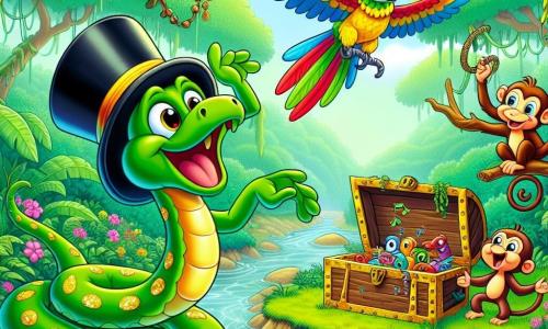 Un serpente di nome Serpillo, con una pelle verde brillante e macchie gialle scintillanti, indossa un buffo cappello a cilindro. Mostra un'espressione gioiosa e entusiasta, mentre danza su una pietra accanto a un ruscello. Accanto a lui, un pappagallo colorato di nome Paco, con piume rosse, blu e gialle, vola in cerchio cantando, mentre una piccola scimmia birichina, Bongo, con occhi maliziosi e pelliccia marrone, si dondola su un ramo ridendo della situazione. Lo scenario è una giungla lussureggiante, piena di alberi giganti con foglie verdi brillanti, fiori colorati e liane pendenti, con un ruscello cristallino che serpeggia nel paesaggio. La scena principale mostra Serpillo e i suoi amici che scoprono un vecchio baule di legno, coperto di muschio, pieno di tesori strani e divertenti, mentre si meravigliano della loro scoperta, circondati da risate e gioia.