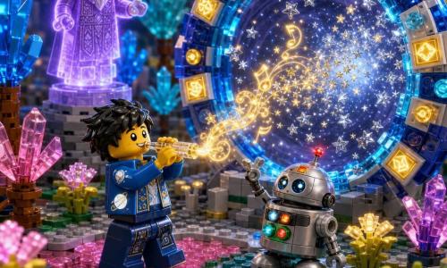 A smiling boy named Jiro, with tousled black hair and a shiny blue space jacket, plays a small translucent crystal flute; to his right a round companion robot called Astro, with silver panels and colorful LEDs, excitedly raises a mechanical arm toward a glowing ring-shaped energy portal at the center of a crystal-forest clearing on the planet Eldor—faceted crystal trees, pink-and-turquoise rivers of liquid light and spark-emitting luminous flowers surround them—while a violet-and-silver hologram of the wise Elder Orion watches from a crystal stone; golden filament-like musical notes travel from the flute to the portal, which opens with a pulse of blue swirls, gilded runes and a shower of silver stardust, creating a magical, spectacular effect in a LEGO diorama style with vivid contrasting colors, faceted textures, soft magical lighting and a clear, child-friendly composition.