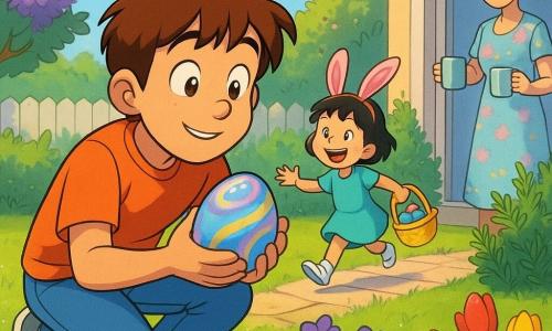A 12-year-old boy, Leo, round face, tousled brown hair, bright hazel eyes, curious expression, crouches by a small bed of violets holding a silver foil-wrapped chocolate egg with colorful swirls; a 5–6-year-old girl, Mina, with short black hair and pink bunny ears and an exuberant smile, runs in the background toward a rosemary bush carrying a plastic basket of eggs; their mother, about 35, hair tied and wearing a pastel floral dress, stands at the window behind the patio door holding two mugs and looking tenderly at the children; morning-lit garden with dewy green lawn, red and yellow tulips, a fragrant lilac bush, flagstone paths and a whitewashed wooden fence, dew sparkling on a spiderweb; a white feather drifts down to land beside Leo, revealing a special egg hidden under the violets; soft, warm atmosphere with textured details (shiny wrapping, velvety petals, distinct grass blades); style: saturated 1990s cartoon colors, clean outlines, simple shading, clear warm composition.