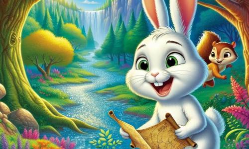 Oliver, a young rabbit with big ears and soft white fur, stands on a rock by a sparkling river, his face glowing with excitement and curiosity. He holds an old treasure map in his little paws, scanning the horizon with bright eyes. Next to him, Bella, a mischievous squirrel with brown fur and sparkling eyes, climbs on a low branch, her face beaming with a wide smile, ready to help him on their quest. Max, a brave hedgehog with golden spines and a determined look, stands just behind Oliver, his paws planted firmly on the ground, showing a focused expression. The setting is an enchanted forest with majestic trees, vibrant green leaves, colorful flowers scattered on the ground, and a shimmering river winding through the landscape, reflecting the sunlight. The main scene shows Oliver and his friends ready to cross the river to follow the path on the map, their hearts racing with excitement for the adventure ahead.
