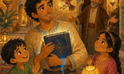 Samir, a gentle smiling man of about 25 with olive skin and curly black hair in a sand tunic with blue embroidery, holds a glowing blue‑cloth‑bound manuscript to his chest while a luminous blue thread bracelet glows on his left wrist; slightly in front to his right an admiring 8‑year‑old girl with braided hair in a pink dress holds a paper lantern, and to his left near his knees a 7‑year‑old boy in a green shirt claps holding a small green‑leaf boat; behind them in the school doorway a welcoming 50‑year‑old master with a short gray beard and brown robe smiles with open palms; a wounded rufous sparrow hovers above the manuscript; the scene takes place in a paved courtyard inspired by One Thousand and One Nights with ochre walls, turquoise mosaics, carved pointed arches, rugs and hanging patterned lanterns casting warm light—Samir has arrived on the evening of the lantern festival to return the manuscript, and the moment is tender, intimate and hopeful.
