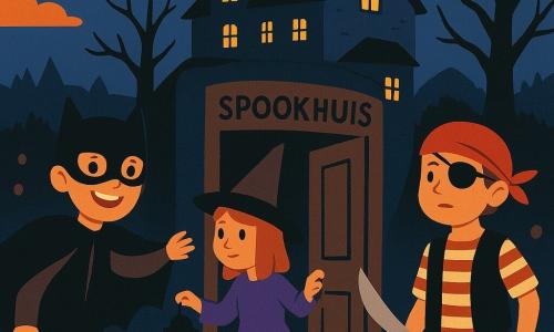 Een 10-jarige jongen, Tim, is verkleed als vleermuis met zwarte vleugels en een mysterieus masker. Hij glimlacht enthousiast en zijn ogen stralen van nieuwsgierigheid. Naast hem staat Lisa, ook 10 jaar, in een heksenpak met een paarse jurk en een zwarte puntige hoed, terwijl ze een kleine lantaarn vasthoudt. Aan de andere kant staat Rob, eveneens 10 jaar, verkleed als piraat met een rode bandana en een plastic sabel, kijkend met een avontuurlijke blik. Ze staan voor een oud en mysterieus huis, omringd door gesneden pompoenen en flikkerende lichtjes. De hoofdscène toont de kinderen die een oude krakende deur openen, die het donkere en stoffige interieur van het zogenaamde 