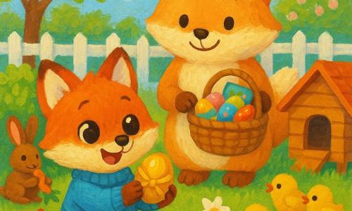 Een kinderlijk rood vosje met grote glanzende ogen en pluizige vacht, in een klein blauw truitje, glimlachend en verwonderd knielend in het gras terwijl het een paasei in goudpapier vasthoudt; een zachte, ronde moedervos met lichter vacht en een mandje met gekleurde kaarten en eieren staat achter hem; een klein bruin konijn met grote zachte oren zit bij een struik en knabbelt vrolijk aan een wortel, drie gele kuikentjes pluizig bij een klein kippenhok rechts; heldere tuin met groen gazon, rode en gele tulpen, witte narcissen, bloeiende appelboom, wit geschilderd hek en lichtblauwe lucht met wolkjes; ochtendse paaseierenjacht, warme vrolijke sfeer en gouden ochtendlicht, compositie gecentreerd op het vosje voor een lieve, duidelijke illustratie voor 4‑jarigen.