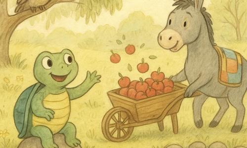 O broască-țestoasă zâmbitoare și visătoare cu carapace cu dungi verde închis și albastru deschis stă pe o pietricică în față și povestește cu o labă ridicată; un măgar stângaci numit BunBun, cu urechi lungi și buzunare colorate, împinge o căruță mare de lemn plină cu mere roșii; o broască cu ochelari ține o foaie și aplaudă lângă un nufer; o bufniță cu șapcă privește de pe o creangă joasă; scena are loc într-o poiană înflorită lângă un iaz și prezintă un concurs vesel în care căruța „pling-plong” bate ritmul pe pietre, iar animalele bat din palme și dansează