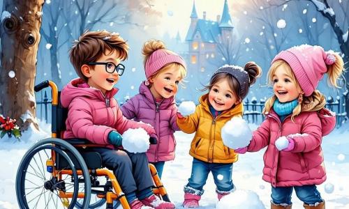 En un parque nevado, cinco niños se divierten juntos. Lucas, un niño de 10 años con cabello castaño y gafas, está sentado en su colorida silla de ruedas, riendo alegremente. A su derecha, Valeria, una niña de 9 años con cabello rubio y rizado, lleva un abrigo rosa y hace bolas de nieve. Junto a ella, Sofía, una niña de 8 años con cabello negro trenzado y un abrigo violeta, observa a los demás con una gran sonrisa. Tomás, un niño de 10 años con cabello castaño, está haciendo una gran bola de nieve para construir un iglú, mientras Leo, un niño de 9 años con cabello pelirrojo, se desliza por la nieve con los brazos en alto, lleno de energía. El parque es un paisaje invernal encantador, con árboles cubiertos de nieve brillante y copos cayendo suavemente del cielo azul claro. Los niños están construyendo un gran muñeco de nieve, riendo y ayudándose mutuamente, mientras auroras boreales bailan en el cielo, añadiendo un toque mágico a su día de invierno.