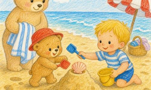 Een klein lichtbruin, rond teddybeertje met rood hoedje loopt blootsvoets over warm zand en maakt met zijn pootjes een schepje; een grotere beige moederbeer met zachte ogen staat aan de rand van het zand en houdt een wit‑blauw gestreept doek; een blond, kortgeknipt, nieuwsgierig glimlachend kindje knielt op het strand, houdt een klein geel emmertje en reikt een schepje naar de beer; samen bouwen ze een zandhoop met een grote schelp bovenop; zomers strand met goudkleurig zand, lichte blauwe deintjes, enkele schelpen en een rood‑wit gestreepte parasol op de achtergrond; lichte warme pasteltinten, zichtbare potloodlijnen, zachte contouren, naïeve tekenstijl met papiertextuur en lichte schaduwen, duidelijke samenstelling voor peuters.