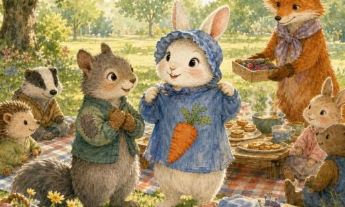 A small rabbit named Lila, radiant and proud with soft white fur, wears a blue bonnet and a slightly worn blue jacket with wide sleeves; she holds the jacket open to show a large hand-sewn orange carrot patch, smiling confidently. Theo, a young gray squirrel with bright eyes, stands beside her with neatly mended sleeve and small knitted mittens, hands on his chest in prideful gratitude. Pippa, a well-groomed red fox, wears a scarf with visible knots and a gentle, slightly bashful but kind expression, offering a small box of berries toward the shared table. Around them, animal children sit on striped blankets and checkered cloths with shared plates, steaming bowls of soup, homemade biscuits, and a short wooden table holding sewing buttons, fabric scraps, and round needles. The setting is a sunny park with green trees, textured grass, and a pastel sky; warm light filters through leaves, casting soft shadows in a friendly, colorful picnic atmosphere. Lila displays her repaired jacket and carrot patch at a communal picnic—a moment of sharing and pride, full of solidarity, smiles, and mended items—rendered in a soft watercolor style with slightly blurred edges.