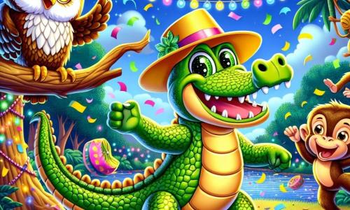 A joyful crocodile named Charlie, with shiny green skin and a bright yellow hat, is dancing enthusiastically at a lively party. His big sparkling eyes express joy and excitement. Next to him, Bella, a wise owl with brown and white feathers, is perched on a branch, hooting happily while watching the celebration. Max, a mischievous monkey with brown fur and playful eyes, swings from branch to branch, throwing colorful confetti in the air. The setting is a zoo clearing, surrounded by lush trees and twinkling lights, with colorful leaves and hanging fruits as decorations. The main scene depicts a surprise party full of laughter, dancing, and games, where all the animals are having fun together under a starry sky.