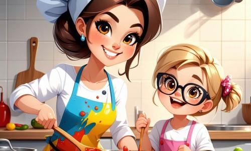 Chef Lotte, een glimlachende vrouw met bruin haar in een knot, draagt een grote witte koksmuts en een kleurr apron vol sausvlekken. Ze mengt een grote pan soep op het vuur, haar gezicht straalt van vreugde en concentratie. Noor, een 8-jarig meisje met blond haar en ronde brillen, staat naast haar met een houten lepel, gefascineerd door het koken. Sam, een 9-jarig jongen met rommelig kastanjebruin haar, kijkt aandachtig naar het recept aan de muur met een nieuwsgierige blik. Ravi, een 7-jarig jongen met zwart haar en sprankelende ogen, zit op een kruk en snijdt voorzichtig groenten. De scène speelt zich af in de warme en levendige keuken van Bistro De Smulpaap, met felgele muren, planken vol kleurrijke specerijen en glazen potten vol verse ingrediënten. De hoofdsetting toont Lotte en de kinderen die samen een speciaal gerecht bereiden, omringd door kleurrijke groenten en keukengerei, allemaal glimlachend en enthousiast om samen iets lekkers te maken.