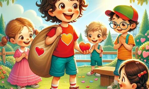 Un ragazzo di 6 anni, di nome Leo, con capelli castani disordinati e un grande sorriso gioioso, è al centro dell'immagine. Indossa una maglietta rossa con un cuore e pantaloni corti blu, tenendo un grande sacco pieno di cuori di carta e biscotti a forma di cuore. Leo è entusiasta, i suoi occhi brillano mentre spiega le regole della caccia al tesoro ai suoi amici. Accanto a lui, Emma, una ragazza di 6 anni con capelli ricci e un vestito rosa, sorride tenendo un cuore di carta appena trovato. Marco, un ragazzo di 6 anni con occhiali e un cappellino verde, si piega per raccogliere un altro cuore nascosto sotto una panchina, concentrato e felice. Sofia, una ragazza di 6 anni con trecce e un vestito giallo, applaude scoprendo un cuore brillante nell'erba. L'illustrazione si svolge in un parco verdeggiante, pieno di alberi maestosi, fiori colorati e un piccolo lago scintillante al sole. I bambini sono circondati dalla bellezza del parco, celebrando l'amicizia e la gioia di San Valentino.