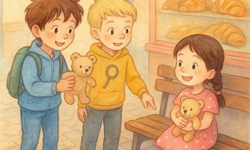 Drei Personen: Max, Junge ~9 Jahre, braune zerzauste Haare, hellblauer Blouson und grüner Rucksack, hält ein beiges Stoffbärchen vor sich und steht leicht links; Leo, Junge ~9 Jahre, kurze blonde Haare, gelber Pullover mit einer aufgemalten Lupe, weist mit dem Finger auf eine Krümelspur auf dem Boden und steht rechts von Max; das Mädchen, ca. 5 Jahre, braune Strähnen, rosa gepunktetes Kleid, hält das Bärchen ans Herz und steht den Jungen gegenüber, Augen vor Freude glänzend; Schauplatz: belebter Bahnhof mit Kopfsteinpflaster, brauner Holzbank, Schaufenster einer Bäckerei mit goldenen Croissants und leichter süßer Dampfwolke, bunte Plakate an der Wand, sanftes Morgenlicht durch große Fenster; Hauptsituation: die beiden kleinen Detektive geben das aufgefundene Bärchen dem Mädchen auf der Bank vor der Bäckerei zurück, man sieht eine Krümelspur vom Park zum Bahnhof; warme, fröhliche Atmosphäre, sichtbare Details: abgenutztes Bärchen, glänzende Keksbrösel, sanfte Bodenreflexe, dankbare Gesichtsausdrücke und Lächeln.