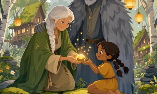 Eira, about 60, with a soft wrinkled face, braided silver hair, a light brown linen dress and moss-green cloak, smiles warmly as she offers a small shiny golden 