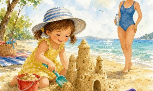 Niña de 4 años, alegre y concentrada, con coletas castañas, sombrero de paja azul y blanco y vestido amarillo de lunares, cava la playa con un cubo rojo y una pala turquesa; su madre, de 30–35 años, sonriente y protectora, pelo castaño en moño, lleva traje de baño azul y una botella de agua, de pie a unos pasos sobre la arena; playa soleada de arena dorada y olas pequeñas, con conchas y una toalla a rayas bajo un árbol que da sombra; la niña construye un gran castillo de arena con torres y puerta, cubos y moldes dispersos; madre atenta, lista para ofrecer agua; ambiente veraniego, colores cálidos y toque acuarelado.