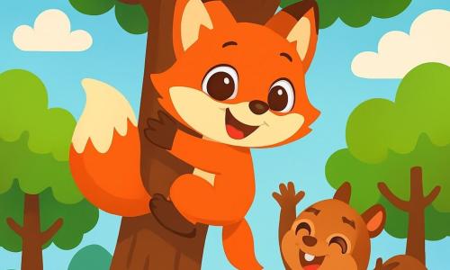Foxy, a little red fox with sparkling eyes and shiny fur, joyfully climbs a large tree, her face beaming with happiness and excitement. Beside her, Max, a small brown squirrel with a bushy tail and mischievous eyes, encourages her with a smile, arms raised in support. The setting is an enchanted forest with majestic trees, vibrant green leaves, colorful flowers, and a clear blue sky dotted with fluffy white clouds. The main scene shows Foxy and Max climbing together, celebrating their friendship and teamwork, proving that boys and girls can play and have fun together.