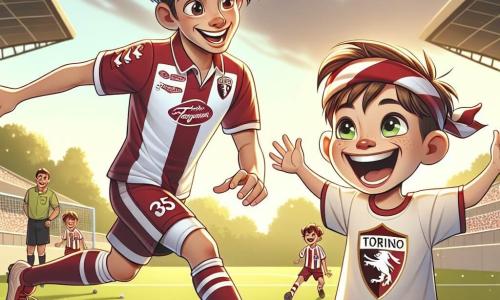Un uomo, Marco, un calciatore professionista, è al centro dell'immagine, con un'espressione di determinazione e gioia sul volto. Indossa una maglia rossa e bianca, ha i capelli castani in disordine e gli occhi brillanti di entusiasmo. Marco sta passando il pallone a un giovane ragazzo. Accanto a lui, Davide, un ragazzo di dieci anni, è in piedi con un ampio sorriso, indossando una maglietta del FC Torino e un bandana rosso e bianco. Si sta preparando a ricevere il pallone, con le braccia aperte e gli occhi scintillanti di eccitazione. Lo scenario è un campo da calcio verde, illuminato dalla luce dorata del sole al tramonto, con gradinate vuote sullo sfondo e alberi in fiore che circondano il campo. La scena principale mostra Marco e Davide durante un allenamento, scambiandosi passaggi e ridendo insieme, illustrando la passione per il calcio e l'amicizia che si sviluppa tra loro.