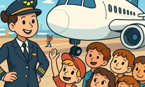 Een glimlachende vrouwelijke piloot met bruin haar in een knot en een marineblauw uniform staat trots naast haar grote witte vliegtuig op de tarmac. Haar ogen stralen van opwinding en trots. Naast haar staat een groep van tien kinderen, tussen de 7 en 10 jaar oud, met verwonderde gezichten. Een jongen met blond haar en een rode pet steekt enthousiast zijn hand op, terwijl een meisje met krullend bruin haar en een gele t-shirt met grote ogen naar het vliegtuig kijkt. De locatie is een drukke luchthaven, met vliegtuigen op de achtergrond, witte wolken in een stralend blauwe lucht en mensen die over de tarmac bewegen. De piloot legt de kinderen de verschillende delen van het vliegtuig uit, terwijl ze aandachtig luisteren, gefascineerd door haar verhaal en charisma.