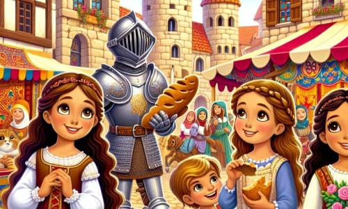 Quattro amiche si trovano al centro di un vivace villaggio medievale. Sofia, una ragazza di 10 anni con lunghi capelli castani e occhiali rotondi, guarda con meraviglia un cavaliere in armatura lucente che passa accanto a lei. Alla sua destra, Chiara, una ragazza di 9 anni con capelli biondi e ricci, sorride mentre tiene un pezzo di pane fresco che ha appena assaggiato. Luna, una ragazza di 10 anni con capelli neri e un vestito colorato, indica un banco di tessuti colorati, affascinata dai motivi. Infine, Bea, una ragazza di 9 anni con capelli castani e una piccola treccia, si piega per raccogliere un fiore, il suo viso splendente di gioia. Il villaggio medievale è pieno di case in pietra con tetti di tegole rosse, con bandiere colorate che sventolano al vento. Artigiani lavorano alle loro botteghe, bambini giocano per strada e l'odore del pane caldo si mescola a quello delle spezie. Il sole splende, creando un'atmosfera calda e gioiosa. Le quattro amiche, meravigliate dal loro viaggio nel tempo, scoprono il mercato medievale e si promettono di vivere un'avventura indimenticabile, apprendendo l'importanza della storia e dell'amicizia.