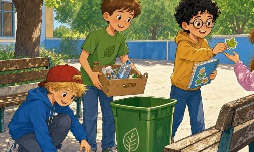 Tres niños de unos 9 años en un pequeño patio escolar soleado: al centro, un chico de cabello castaño corto con camiseta verde y una pequeña caja de cartón mira hacia una papelería verde; a la izquierda, un chico rubio con gorra roja al revés y sudadera azul recoge y muestra un envoltorio plástico sonriendo; a la derecha, un chico de cabellos negros rizados y gafas sostiene un cuaderno y pegatinas en forma de hoja y ofrece una a una niña fuera de cuadro; dos bancos de madera, suelo de hormigón claro, árboles con hojas verdes y una valla baja azul al fondo; los tres juegan a "detectives del patio" recogiendo residuos limpios y depositándolos en la papelera, ambiente alegre, gestos precisos, estilo cómic simple con colores cálidos y contornos redondeados.