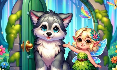 Luka, een kleine wolf met zachte grijze vacht en grote nieuwsgierige ogen, staat voor een mysterieuze deur bedekt met mos, zijn hart klopt van opwinding. Hij kijkt verwonderd naar de deur, zijn staart kwispelend van anticipatie. Naast hem staat Elara, een kleine elf met gouden haren en glinsterende vleugels, die warm glimlacht. Ze draagt een jurk van groene bladeren en kleurrijke bloemen en steekt een hand op om Luka aan te moedigen, haar ogen stralend van vertrouwen. De plek is een prachtig betoverd bos, waar de bomen helderblauw zijn en de bladeren glinsteren als edelstenen in de zon. Multicolore bloemen groeien om hen heen en vlinders met regenboogvleugels fladderen vrolijk in de lucht. Luka en Elara staan voor de magische deur, klaar om deze te openen en een wereld van avonturen binnen te gaan, met een mysterieuze gloed die van binnenuit straalt en ongelooflijke ontdekkingen belooft.