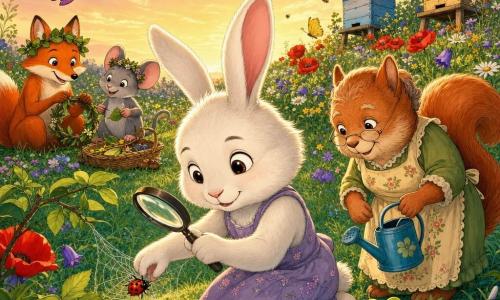 Una pequeña conejita blanca de pelaje suave y orejas rosadas, de mirada dulce y concentrada, se arrodilla y libera a una mariquita de una fina telaraña mientras sostiene una lupa en la mano izquierda; a la derecha, un Doña Ardilla, vieja ardilla pelirroja de rostro arrugado y sonrisa amable, con delantal de flores y un regador planta un joven trébol junto a la conejita; a la izquierda, en segundo plano, un zorro curioso de pelaje naranja y una ratoncita artista gris, sentados y sonrientes, hacen coronas de hojas y semillas; la escena ocurre en una colina cubierta de flores silvestres (amapolas rojas, margaritas blancas, campánulas violetas), hierba verde, pequeñas colmenas de madera, mariposas y abejas en vuelo, al atardecer con luz dorada, transmitiendo ternura, ecología y respeto por la naturaleza.
