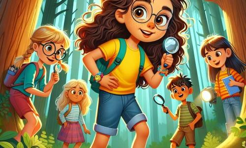 Uma menina de 10 anos, Luna, com cabelos castanhos e cacheados, usa uma camiseta amarela vibrante e um short de jeans. Ela tem olhos brilhantes de curiosidade e um grande sorriso, segurando uma lupa em uma mão e um caderno na outra, pronta para explorar. Ao seu lado, Ana, outra menina de 10 anos com tranças loiras e óculos redondos, observa atentamente uma pista no chão, inclinando-se para frente. Pedro, um menino de 10 anos com cabelos castanhos e sardas, fica um pouco para trás, segurando uma lanterna, com uma expressão de empolgação no rosto. Theo, um menino de 10 anos com cabelos negros bagunçados, olha ao redor, intrigado com os sons da floresta. O local é uma floresta densa, com grandes árvores de troncos grossos, folhas verdes brilhantes e raios de sol filtrando através da folhagem, criando sombras dançantes no chão coberto de folhas secas. A situação principal mostra Luna e seus amigos descobrindo uma pista misteriosa na floresta, cercados por um ar de aventura e mistério, enquanto examinam atentamente o chão em busca de pistas para resolver sua investigação.