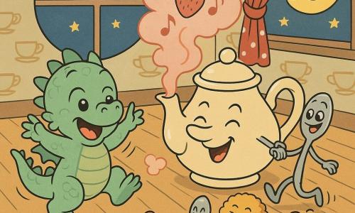 Un pequeño dragón llamado Puf, tipo bebé de escamas verde pastel y ojos brillantes, salta feliz persiguiendo una nube de vapor rosa; una tetera redonda de porcelana crema con cara sonriente sopla vapor de té de fresa y está sobre una mesa de madera; una cuchara plateada antropomorfa baila junto a una pila de galletas redondas doradas; una silla de madera y una mini cama, con pequeñas bocas sonrientes, son cosquilleadas por la nube; el interior es una acogedora casa de té de suelo claro, con motivos de tazas pintados en la pared, una gran ventana redonda que deja ver una luna que guiña y cortinas de lunares rojos; escena principal: juego mágico y divertido nocturno, todo es redondeado, suave, colorido y expresivo.