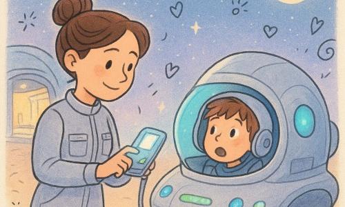 Mira, a female engineer, smiles with a focused, caring expression, brown hair in a bun, wearing a silver pocketed suit, holding a small glowing scanner and pressing a cockpit control panel; a ~9-year-old boy, Kio, in a small round capsule looks surprised but relieved, tousled hair and open helmet, gazing at Mira from the capsule tethered just ahead of the ship; the small silver ship Starling is shown three-quarter view with smooth surface and blinking blue and green lights, a thin silver cable gently linking the capsule to the ship's belly; background: the near space of Station Lumen with an open hangar, lit ramps, twinkling stars and a pale Driftway Moon on the horizon; overall scene: calm, reassuring moment as Mira stabilizes the capsule and establishes contact, soft pastel lighting with neon accents, rounded lines, slight grain texture and doodle overlays (arrows, hearts, stars) for a childlike feel.
