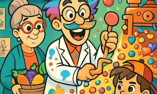 A man, Professor Popsicle, is at the center of the image, with messy hair and a large colorful mustache, wearing a paint-splattered lab coat and round glasses. He looks excited and surprised, with wide eyes and a big smile, as he pulls a lollipop-shaped lever on his wacky machine. Next to him is a woman, Mrs. McSnickerdoodle, around 60 years old, with a gray bun and heart-shaped glasses. She watches the scene with an amused smile, holding a basket of colorful vegetables. A young boy, Timmy, 10 years old, stands slightly back, with messy brown hair and a backward cap. He looks focused, holding a small tool in his hand, ready to help. The setting is an extravagant laboratory filled with strange gadgets and bright colors. Shelves overflow with jars of candy, bubbling test tubes, and buzzing machines, while a wall is decorated with drawings of wacky inventions. The main situation shows Professor Popsicle activating his machine, which spills an avalanche of colorful candies, creating sweet chaos around him. Bright colors fly in all directions as the characters react with surprise and amusement to this unexpected invention.