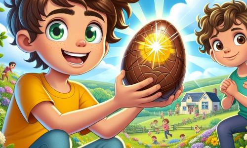 A 12-year-old boy named Oliver, with messy brown hair and sparkling green eyes, stands at the center of the image holding a shiny chocolate egg in his hands. He wears a bright yellow T-shirt and blue sneakers, displaying a triumphant smile. Beside him is his best friend Mia, an 11-year-old girl with curly brown hair and brown eyes, looking at the egg in wonder, arms crossed, full of enthusiasm and joy. The setting is a green field dotted with colorful flowers and flowering trees under a clear blue sky with fluffy white clouds. In the distance, a picturesque farm with a large "Farmer Jenkins" sign is visible, surrounded by children searching for Easter eggs. The main scene shows Oliver and Mia, surrounded by the magic of spring, discovering a sparkling chocolate egg after solving a riddle, symbolizing their adventure and the joy of friendship during the Easter egg hunt.