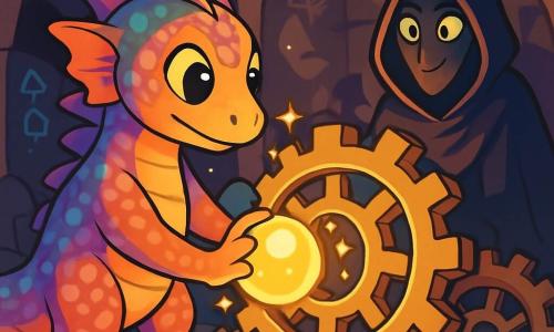 In the center of the image, Eral, a Lumirian Flarez with iridescent scales, stands with a look of determination and wonder on his face, his eyes shining like onyx. He is placing a glowing sphere into the heart of a massive machine, surrounded by sparkling gears and twinkling lights. To his right, a Shadow Keeper, a mysterious figure draped in a black cloak, watches with an expression of wisdom and encouragement, her piercing eyes illuminated by the machine's glow. The setting is a vast underground chamber, with walls adorned with ancient runes and complex mechanisms, where shadows dance to the rhythm of the pulsing lights from the central machine. The main scene shows Eral activating the Gears of Aether, with bursts of light emanating from the sphere and gears beginning to turn, symbolizing the restored harmony between magic and technology.