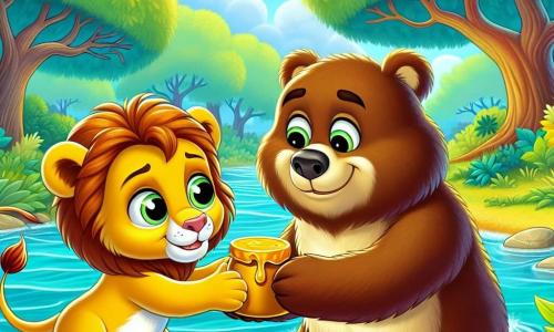 A small lion named Leo, with golden fur and sparkling determined eyes, stands in the water of a shimmering river, his expression a mix of courage and kindness. He is pushing a floating pot of honey towards Benny, a large brown bear with thick fur, who stands on the bank with grateful eyes and a broad smile on his face. The scene takes place by a river surrounded by majestic trees with vibrant green leaves, under a blue sky dotted with fluffy white clouds. Brave Leo helps his friend Benny retrieve his lost pot of honey, illustrating a moment of bravery and camaraderie in the heart of nature.