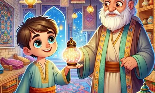A man named Samir, in his thirties with a neatly trimmed brown beard and sparkling curious eyes, stands at the center of his carpet shop. He wears a light blue linen tunic adorned with golden patterns, and his face expresses wonder and joy. Beside him, an elderly man with a long white beard and wise eyes, around 70 years old, holds a shimmering lantern surrounded by dancing lights. He stands slightly back, observing Samir with a mysterious smile. The shop is filled with colorful carpets featuring intricate and vibrant patterns hanging from the walls and spread across the tiled floor. Carved wooden shelves are laden with small treasures like ceramic jars and colored glass lanterns. The main scene shows Samir, amazed, holding the magical lantern, its soft light illuminating his face. He looks around, ready to discover the path to invisible treasures, while the magic of the city of Qamar reflects in his bright eyes.