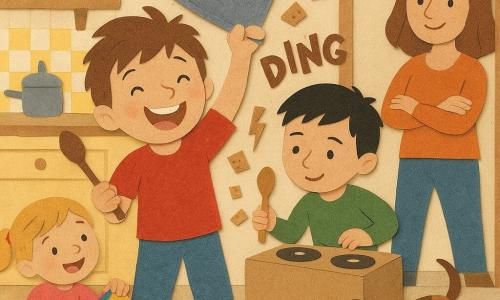 A joyful, slightly chaotic kitchen scene: a 4-year-old boy with a round face and tousled brown hair, beaming, holds a large metal baking tin like a drum and beats it with a wooden spoon, arms raised; his 2-year-old little sister with blonde pigtails, playful and laughing, waves a colorful polka-dot scarf near the floor to his left, looking at him; their 6-year-old older brother with short black hair, focused but amused, pretends to be a DJ with a cardboard box and spoon to the right, slightly crouched; the mother with chestnut hair smiles from the kitchen doorway with crossed hands in the background; Nibbles, a small brown spotted dog, wags his tail and nibbles a fallen biscuit near the children's feet. The colorful, messy kitchen has a light wood countertop, shiny pots, scattered spoons, an overturned biscuit tin with crumbs flying, yellow-and-white patterned tiles. The moment captures a playful remix — laughter, motion, a shower of tiny crackers falling from the tin, paper-cut dynamic lines and onomatopoeias (“clack,” “ding,” “arf”), bright colors, collage textures, torn edges and overlays.