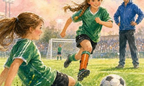 Main character Lily, ~12, smiling with bright eyes and light-brown braids, wearing a bright green jersey, black shorts and orange shin guards, is running with hair and jersey in motion, determined and joyful; teammate Emma, ~10, shy and flushed, chestnut ponytail, same jersey, has just passed the ball with a leg extended, proud and relieved, positioned front-left of Lily; a male coach (~40) stands in the background hands on hips, kind smile, blue sports jacket; vivid watercolor green pitch with slightly irregular white lines and distant goals, pastel pink-blue sky with light clouds; dynamic moment as Emma passes to Lily who prepares to shoot, rendered with watercolor splashes, flying grass and blurred footprints, mood of friendship, courage and imminent victory.