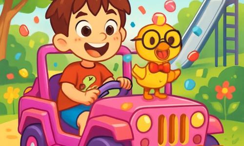 An 8-year-old boy named Timmy, with messy brown hair and sparkling curious eyes, is sitting in a candy-colored Jeep, a wide smile on his face. He wears a red t-shirt with a dinosaur and blue shorts. Next to him is a small duck named Quacko, wearing round glasses and a red bow tie, looking joyful and ready for adventure. The setting is a sunny park filled with colorful flowers and green trees, with a shiny metal slide in the background. Sun rays filter through the leaves, creating dancing shadows on the ground. The main scene shows Timmy and Quacko driving their candy Jeep, surrounded by bright confetti and candy falling from the sky, laughing and having fun together, ready for adventure.