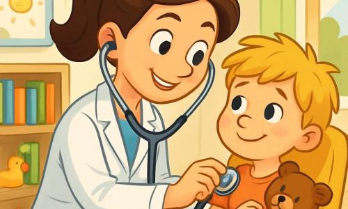 Pani Doktor Ania to uśmiechnięta kobieta w wieku około trzydziestu lat, ubrana w biały fartuch i z dużym stetoskopem na szyi. Jej brązowe włosy są związane w kucyk, a oczy błyszczą życzliwością, gdy bada małego chłopca. Chłopiec, Jasiu, ma około 6 lat, z rozczochranymi blond włosami i zaniepokojoną twarzą, ale zaczyna się uśmiechać dzięki dobroci Pani Doktor Ani. Siedzi na wygodnym krześle, ubrany w kolorowy t-shirt, trzymając w ramionach małego misia. Scena rozgrywa się w jasnym i przyjaznym gabinecie lekarskim, z ścianami ozdobionymi rysunkami dzieci, półkami wypełnionymi książkami obrazkowymi i zabawkami rozsypanymi po podłodze. Okno wpuszcza światło słoneczne, oświetlając ciepłą przestrzeń. W tej ilustracji Pani Doktor Ania bada Jasiu za pomocą stetoskopu, mówiąc do niego łagodnie, aby go uspokoić, podczas gdy chłopiec zaczyna się relaksować, uśmiechając się i mając swojego misia obok siebie.