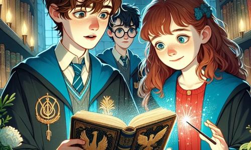 The main character, Leo, is a 12-year-old wizard with messy brown hair and sparkling curious eyes. He wears a sky-blue wizard robe adorned with air patterns and holds an ancient book open, its pages illuminated by a soft magical glow. His face shows both wonder and determination. Next to him is Elara, an 11-year-old witch with fiery red hair, smiling mischievously. She wears a bright red robe and holds a sparkling wand, ready to cast a spell. Finn, a 12-year-old boy with brown hair and round glasses, stands slightly back, intently observing the magical plants around him with a concentrated expression. The scene takes place in the enchanted library of the Academy of Witchcraft, where intricately carved wooden shelves rise to the ceiling, filled with ancient books. Floating globes cast a soft light, while magical creatures like owls and fairies flit between the shelves. The main situation shows Leo, Elara, and Finn discovering a secret chamber within the library, surrounded by dusty books and mysterious scrolls. Leo, with a determined look, flips through an ancient grimoire, while Elara and Finn exchange excited glances, realizing they have found clues about the Celestial Orb, the magical artifact they must protect.