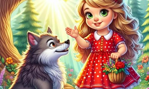 Czteroletnia dziewczynka o imieniu Zosia, z długimi blond włosami i ciekawymi oczami, odważnie stoi przed dużym złym wilkiem. Ma na sobie czerwoną sukienkę w białe kropki i mały koszyk pełen kolorowych kwiatów. Jej twarz wyraża determinację i radość, gdy wyciąga rękę w stronę wilka, zapraszając do przyjaźni. Duży zły wilk, z szarym futrem i przenikliwymi oczami, siedzi pod dużym dębem, zaskoczony patrząc na Zosię. Wygląda na mniej groźnego, zaintrygowany dziewczynką, która nie boi się go. Scena rozgrywa się w zaczarowanym lesie, pełnym majestatycznych drzew o jaskrawych zielonych liściach, dzikich kwiatów w intensywnych kolorach i delikatnym promieniu słońca, który przenika przez gałęzie, tworząc magiczną i przyjazną atmosferę. Zosia, z ciepłym uśmiechem, wyciąga rękę do wilka, proponując mu przyjaźń, podczas gdy wilk, zdziwiony, zaczyna się relaksować, zdając sobie sprawę, że nie musi być zły.
