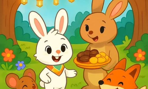 Tico, o coelhinho de grandes orelhas e olhos curiosos, está no centro da cena, com um sorriso alegre no rosto. Seu pelo é branco brilhante e ele usa um pequeno lenço colorido no pescoço. À sua direita, sua mamãe, uma doce coelha de pelos marrons claros, o observa com orgulho, seus olhos brilhando de ternura. Ela segura um prato cheio de deliciosas guloseimas, como tâmaras e bolos, que prepara para celebrar o Ramadan. O cenário é uma charmosa clareira na floresta, onde guirlandas de luzes cintilantes estão penduradas nas árvores. Flores coloridas adornam o caminho e animais da floresta se reúnem alegremente ao redor de Tico, criando uma atmosfera festiva e acolhedora. A cena principal mostra Tico e sua mamãe compartilhando doces com seus amigos animais, todos rindo e se divertindo juntos, celebrando o espírito de partilha e alegria do Ramadan.