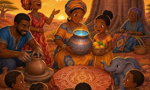 Ama, a woman with a tender smile and gentle eyes, stands by a large red rock holding a blue-lined clay jar like a small moon; Kofi the potter, with wide clay-stained hands, squats to her left shaping a wet pot; Nala the singer, in a colorful dress, stands behind Ama singing with stylized musical waves; Sia, an 8-year-old girl, to Ama's right holds a basket of yellow mangoes and gazes in wonder; an elderly weaver sits beneath the dense-foliaged baobab in the background weaving a patterned cloth; the scene is on a red earth slope with short grass, an orange sunset sky, and a flat rock etched with an old circular design, showing Ama offering the shining water jar to children and animals gathered around the rock, conveying sharing, warmth, and traditional African motifs.