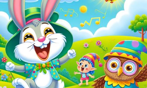 In a sunny meadow, a funny rabbit named Benny, with large floppy ears and a pink nose, joyfully hops while laughing, his eyes sparkling with mischief. Next to him, a laughing goblin named Gilly, wearing a colorful hat and a polka-dotted shirt, makes faces while holding his sides, amused by the situation. A wise owl named Ollie, with big round eyes and brown feathers, perches on a branch, observing the scene with a mischievous smile, ready to sing along. The setting is a lush meadow dotted with colorful flowers dancing in the wind, under a bright blue sky with a few fluffy clouds floating peacefully. The main scene shows Benny, Gilly, and Ollie singing a cheerful song, surrounded by flowers that stop dancing, all laughing together under the radiant sun, creating an atmosphere of magic and good cheer.