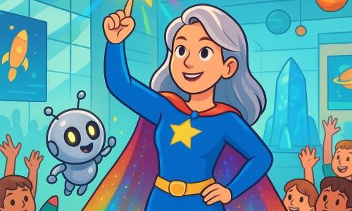 In the center of the image, a superhero woman, Captain Lumen, stands proudly. She wears a bright cobalt costume with a sparkling cape that emits colorful lights. Her face is gentle yet determined, with a strand of silver hair shining in the sun. She smiles confidently, her eyes sparkling with courage, as she raises her hand to create a glowing star in the sky. Beside her, a small robot named Pip, resembling a silver metal ball with blinking eyes, joyfully floats. It emits cheerful sounds and looks at Captain Lumen with admiration, its little antennas vibrating with excitement. In the background, a crowd of children, mostly boys and girls aged 8 to 10, gaze wide-eyed, raising their hands in awe at the spectacle. They wear colorful clothes, and some hold rocket-shaped toys. The setting is a science exhibition hall with glass walls letting in daylight. Bright posters and models of planets decorate the space, while a large sparkling glass sculpture stands at the center, surrounded by curious onlookers. The main scene shows Captain Lumen using her powers to create a glowing star in the sky, inspiring the children to be brave and raise their hands to participate. The atmosphere is joyful and full of wonder, filled with vibrant colors and positive energy.