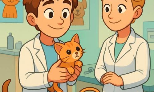Een jonge man, Daan, met warrig bruin haar en een geruststellende glimlach, staat in een dierenkliniek. Hij draagt een witte jas en houdt voorzichtig een klein katje in zijn handen. Zijn ogen zijn zacht en vriendelijk. Naast hem staat een vrouw van in de veertig, dokter Noor, met blond haar in een knot, die met een bemoedigende blik toekijkt. Zij draagt ook een witte jas en staat bij een tafel vol veterinaire instrumenten. De kliniek is licht, met pastelkleuren op de muren en posters van lachende dieren. Op de vloer snuffelt een nieuwsgierige hond aan een kleurrijke mand. De scène toont Daan die het katje geruststelt, wat een warme en kalmerende sfeer creëert.