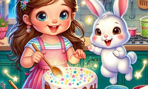 Una niña de 4 años, llamada Lucía, con largos cabellos castaños y ojos brillantes de alegría, está preparando un pastel mágico en una cocina colorida. Sonríe emocionada, sosteniendo una cuchara de madera, mientras estrellas brillantes flotan alrededor del pastel. A su lado, un adorable conejito llamado Bruno, con pelaje blanco y grandes orejas, salta alegremente, ayudando a Lucía a mezclar los ingredientes. La escena se desarrolla en una cocina encantada, llena de utensilios coloridos y luces centelleantes. Lucía y Bruno están preparando un pastel que brilla como las estrellas, creando una sorpresa mágica para el Día del Padre.